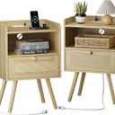 SUPERJARE Nightstands Set of 2, Night Stands with Charging Station & PE Rattan Decor Drawer, Bed Side Tables with Solid Wood Feet, End Table, for Bedroom, Living Room - Natural