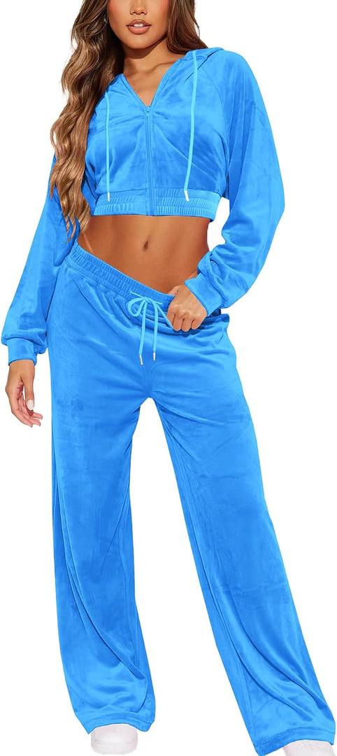 SMSN Women Sweatsuits Set Velvet 2 Piece Tracksuit Outfits Velour Jogging Long Sleeve Sweat Hoodie and Sweatpants Set (Blue, XL)