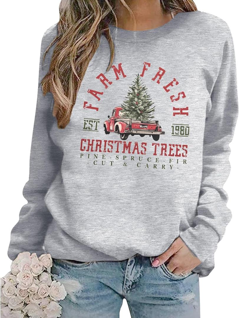 MYHALF Christmas Sweatshirts for Women 2025 Crewneck Christmas Trees Shirts Long Sleeve Xmas Holiday Sweater Tops Lightweight (Gray, XL)