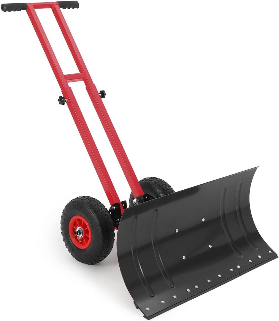 29x14 in Snow Shovel with 5-Position Angled Blade & Adjustable Handle, Heavy Duty Metal Snow Pusher Shovel with Wheels for Driveway, Doorway, Sidewalk, Pavement, Black & Red