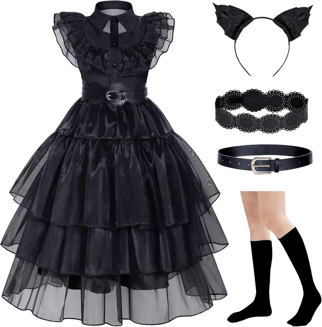 MGparty Girls Halloween Costume Black Dress for Kids with Headband Belt Socks (130(8-9 Yrs))