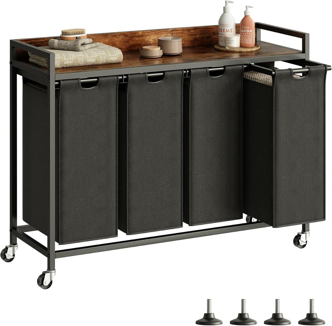 Laundry Hamper with Shelf, Laundry Basket 4 Section, Laundry Sorter with Pull-Out Removable Large Bags and Movable Wheels, Metal Frame, 4 x 15.87 Gallons (60L), Rustic Brown + Blck PF07XLY ((4 Bags)43.7"L x 15.74"W x 33.66"H)