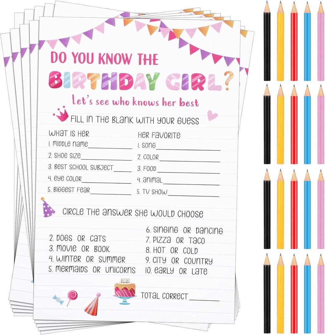 Marspark 50 Pcs Who Knows The Birthday Girl Best Pink Birthday Party Game Cards Set with 20 Pcs Cute Pencils for Teens Girls Night Sweet Sleepover Party Supplies