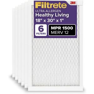 Filtrete 18x30x1 AC Furnace Air Filter, MERV 12, MPR 1500, CERTIFIED asthma & allergy friendly, 3 Month Pleated 1-Inch Electrostatic Air Cleaning Filter, 6-Pack