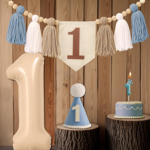 1st Birthday Decorations for Boys, First Birthday High Chair Banner Set with Khaki Blue Tassels, 40 Inch Number 1 Foil Balloon, Cone Hat & Cake Candle, Boho Cake Smash Photo Backdrop