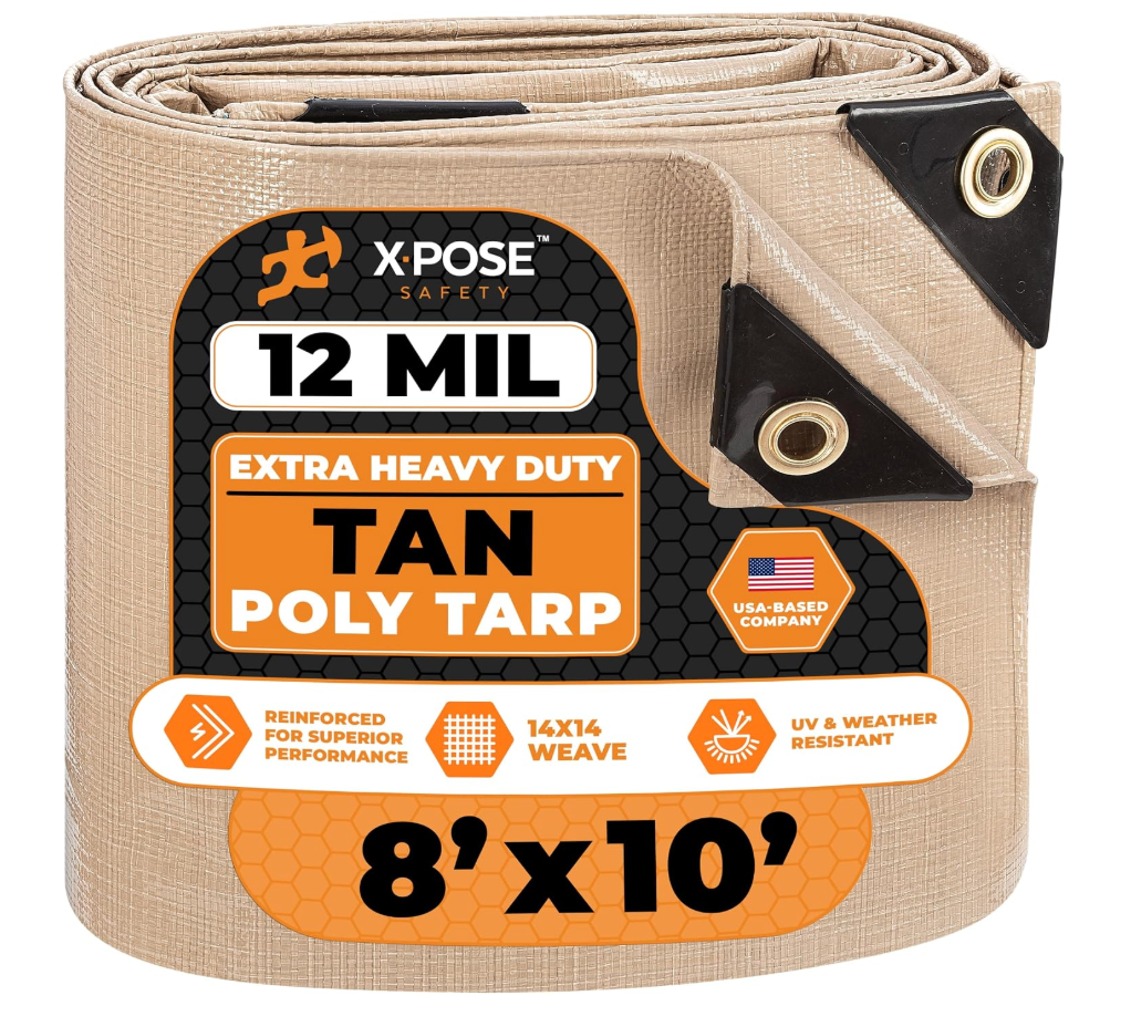 Heavy Duty Tan Poly Tarp 8' X 10' - Multipurpose Protective Cover - Durable, Waterproof, Weather Proof, Rip and Tear Resistant - Extra Thick 12 Mil Polyethylene - by Xpose Safety