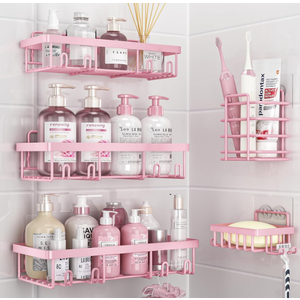 Liuoud 5 Pack Shower Caddy Organizer Rack Shelf for Inside Shower, Adhesive Bathroom Wall Storage Basket Rustproof Stainless Steel Shampoo Holder, Girly Bathroom Accessory Decor Set, Pink