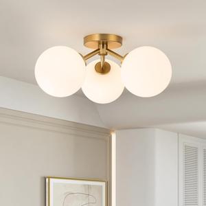 Mid Century Modern Gold Semi Flush Mount Ceiling Light Fixture 3 Light 18 inch, Globe Light Fixtures for Bedroom,Entryway,Hallway,Living Room,Kithcen,Dining Room