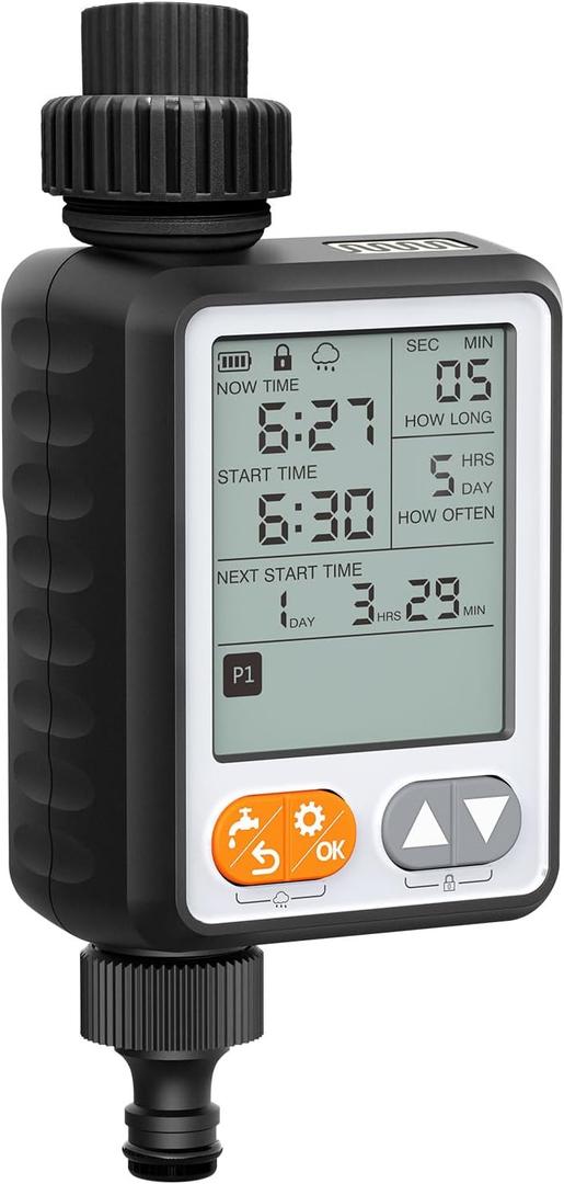 Sprinkler Timer for Garden Hose, 10 Programmable Water Timer with with Auto Rain Delay, IP54 Waterproof 3.3 Large LCD Drip Irrigation System Timers for Plant, Yard, Lawns, Outdoor (1 Zone Black)
