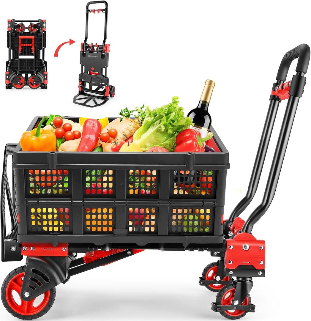 330LB Folding Hand Truck Heavy Duty Carrying, 2-in-1Hand Truck Dolly Foldable with Folding Basket, Combination of 4 Wheels and 2 Wheels Convertible Dolly Cart with Retractable Handle Dolly for Moving.