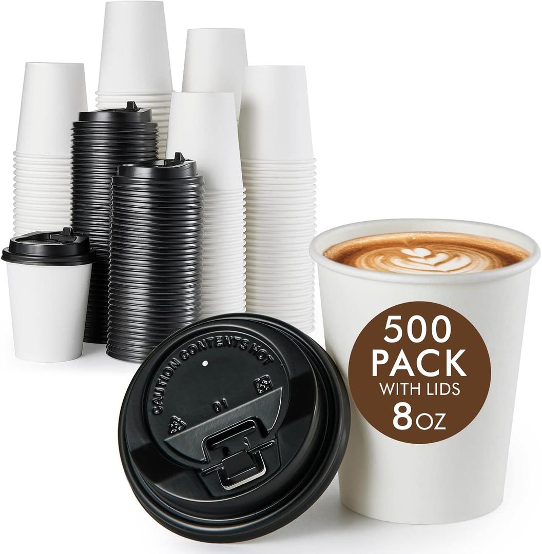 Vplus 500 Pack 8 OZ Paper Coffee Cups, Disposable 8 OZ Coffee Cups With Lids, Cold/Hot Drinking, For Home, Traveling, Stores, Office, And Events (500 Count (Pack of 1), White)