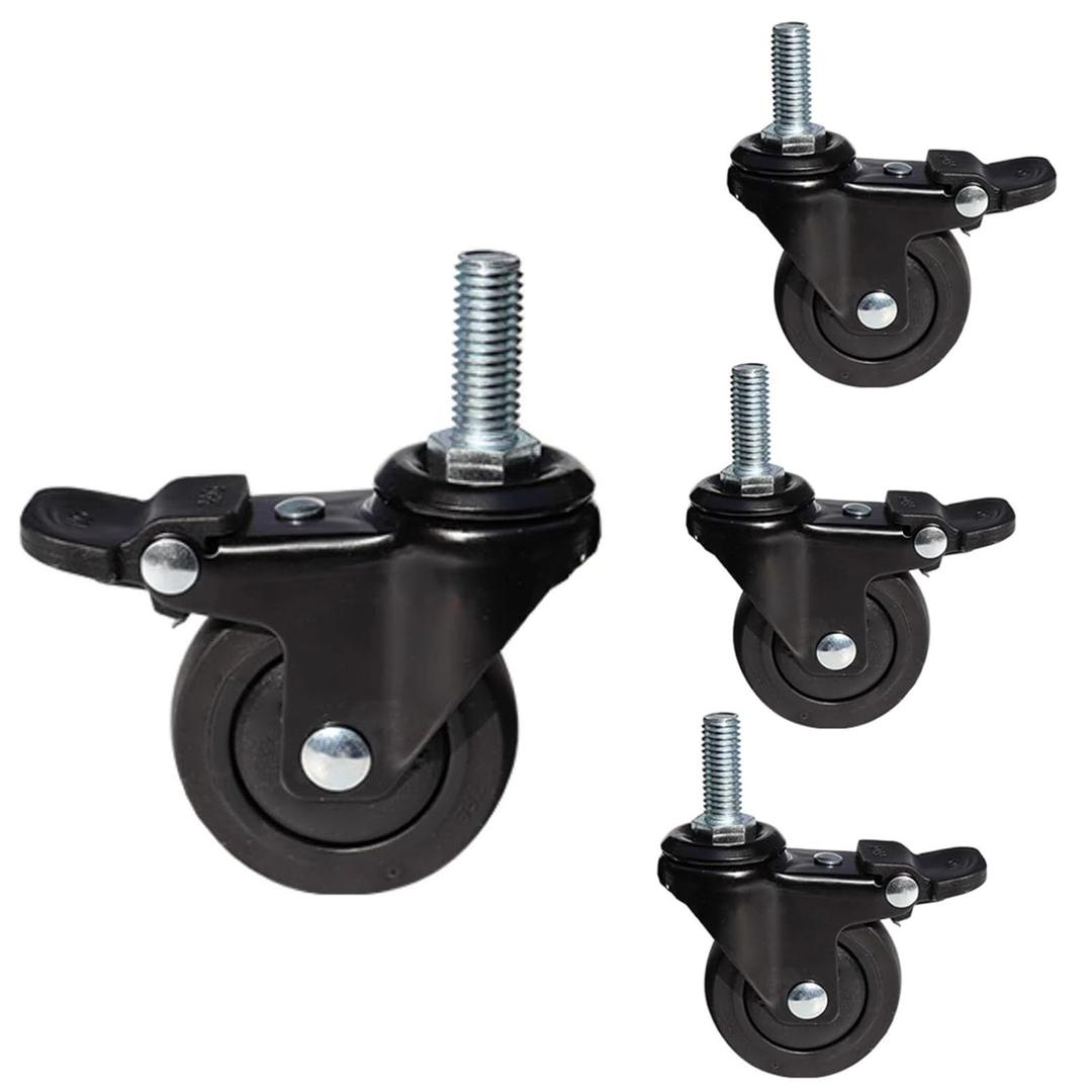 Mini Swivel Caster Wheels,1inch Threaded Stem Casters,Stem M6x15mm,Ball Bearing Silent TPE Rubber Caster Wheels,with Brake and Screws for Furniture Trolley and Shelves, Set of 4