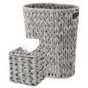 BSSN Wicker Trash Can and Square Tissue Box Cover, 4 Gallon Water Hyacinth Bathroom Trash Can, Handwoven Napkin Holder, Narrow Small Waste Basket, Rustic Decorative Home Set for Bedroom,Office (Grey)