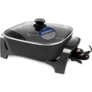 Elite Gourmet EG6201 Extra Deep 12"x12"x3.2" (7.5Qt.) Scratch Resistant Dishwasher Safe, Non-stick Electric Skillet with Glass Vented Lid, Adjustable Temperature, Black