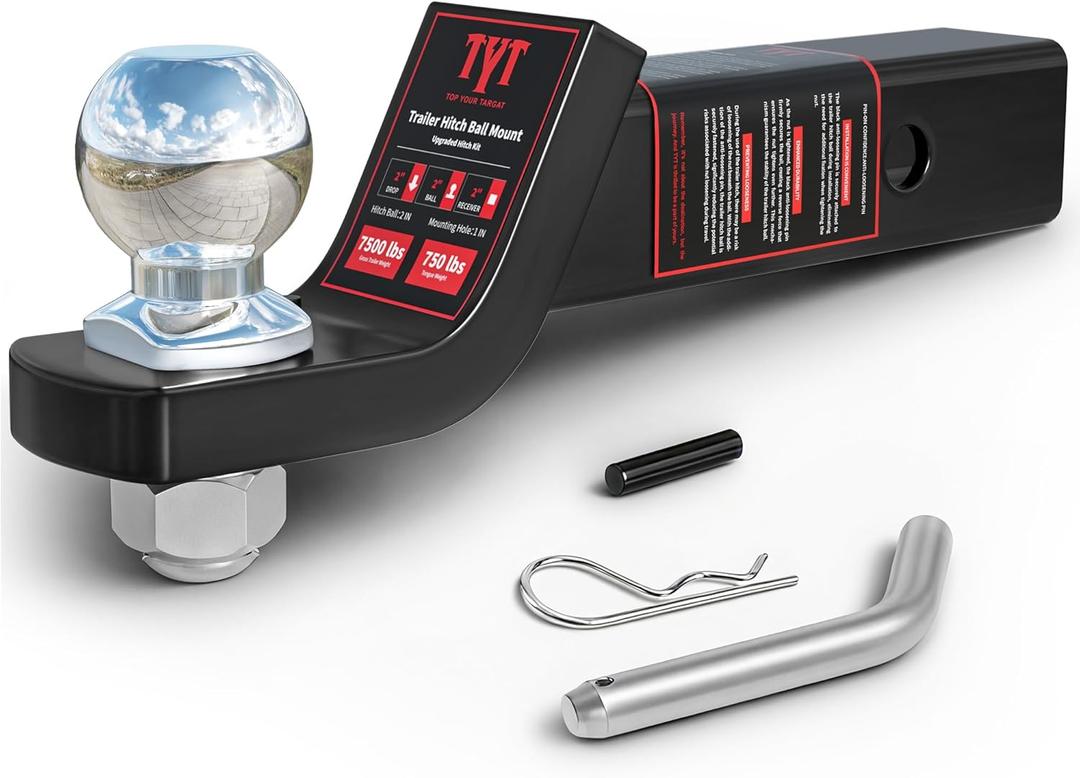 TYT Trailer Hitch Ball Mount with 2 Inch Ball & Pin, Fits 2 Inch Receiver, 7500lbs, 2 Inch Drop, Upgraded Hitch Kit Black with Anti-Rattle Pin