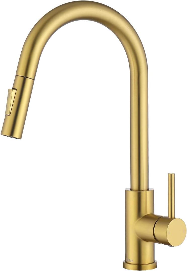 Tohlar Gold Kitchen Faucet with Pull Down Sprayer, Gold Kitchen Sink Faucet for 1 or 3 Hole, Modern Stainless Steel Sink Faucet with Deck Plate for Farmhouse Laundry Rv, Brushed Gold