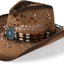Straw Cowboy Hat for Men Womens Straw Cowgirl Hat Summer Western Cowboy Hats with Wide Brim for Cowgirls and Cowboys (Medium, Brown)
