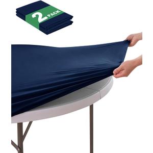 KeyWave Round Fitted Table Covers - 48-52 Inch Spandex Water-Resistant Tablecloth with Elastic, 2 Pack Circle Folding Tablecloths for Party Banquet Dining Room, Navy Blue