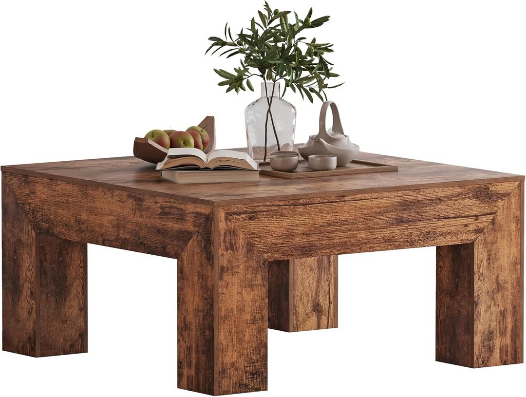 LUMTOK Wooden Square Coffee Table,35.5 inch Farmhouse Low Cocktail with Thick Base for Living Room (Rustic Brown)