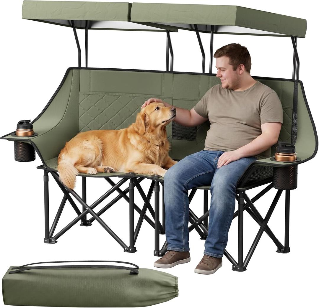 HAAGEEP Double Camping Chair with Canopy 900lbs Pet Friendly Shade Chai, 30"D x 65"W x 53.9"H