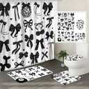 Lofaris Bow Shower Curtain Set 4 Pcs - Black and White Bathroom Sets with Shower Curtain and Rugs Coquette Bathroom Decor with Non-Slip Rugs & Toilet Lid Cover, Elegant Girly Bathroom Accessories