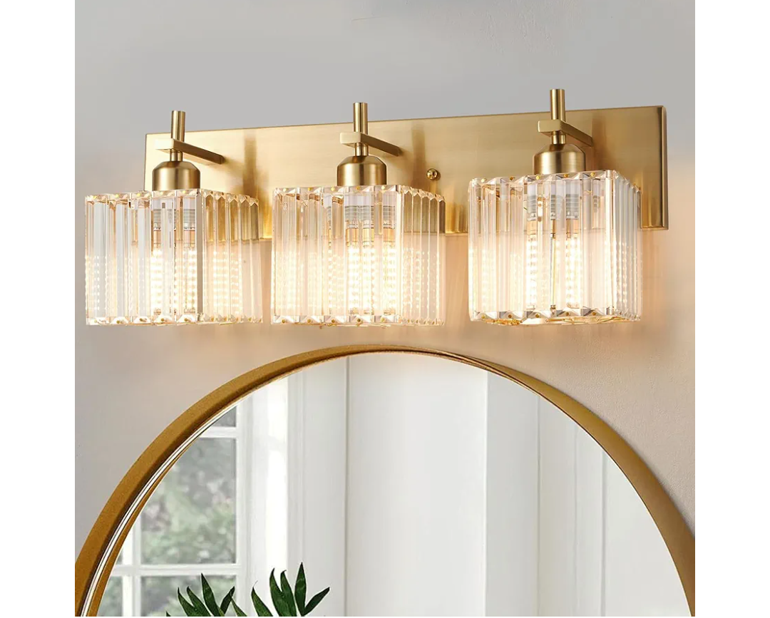 Modern Crystal Bathroom Vanity Lights, 3-Lights Brushed Gold Bathroom Light Fixtures Over Mirror,Wall Lamp for Living Room Hallway Cabinet