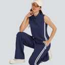 Casly Lamiit Womens 2 Piece Lounge Set Stripes Travel Outfits Sweatsuit Mock Neck Tank Top Wide Leg Pants Casual Activewear (L)