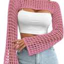 Womens Crochet Shrug Y2K Hollow Out Bolero Shrug See Through Cropped Knit Sweater Top (Small, Pink)