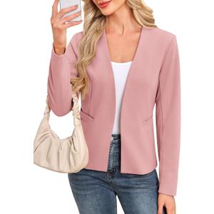AGSEEM Full Lining Sweater Blazers for Women Open Front Long Sleeve Work Office Suit Jackets Blazer with Pockets (Beige, L)