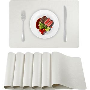 Faux Leather Placemats Set of 6, Washable Place Mats, Vinyl Placemats Wipeable Waterproof Oil-Proof Heat Resistant PU Table Mats for Dining, Kitchen, Hotel (White)