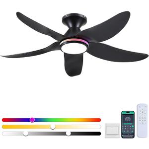 46" Ceiling Fans with Lights Remote/APP Control, Low Profile Ceiling Fans with Dimmable White Colors+Ring RGB Lights, 6 Speeds 5 Reversible Curved Blades for Kids Room Bedroom Living Room Bar, Black RGB, 46 IN