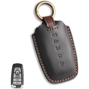 for Ford Key Fob Cover, Compatible with Bronco Explorer F150 Mustang Escape Edge Expedition Fusion Ranger for Lincoln Car Key Fob Chain 5 Button Smart Remote Car Leather Key Protector/Black