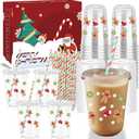16oz Christmas Disposable Plastic Cups with Lids and Straws-Gingerbread Man Drinking Cups for Party Supplies Cold Drinks, Coffee, Beer, Drinks, Ice Cream, Holiday Party Supplies. (50)