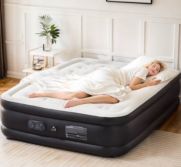 Air Mattress - Inflatable Blow Up Airbed with Built-in High Capacity Pump, Double Height, Non-Slip Bottom Design, Weight Capacity 660 lbs Air Bed for Home or Camping - Black,White (78"L x 58"W x 22"Th)
