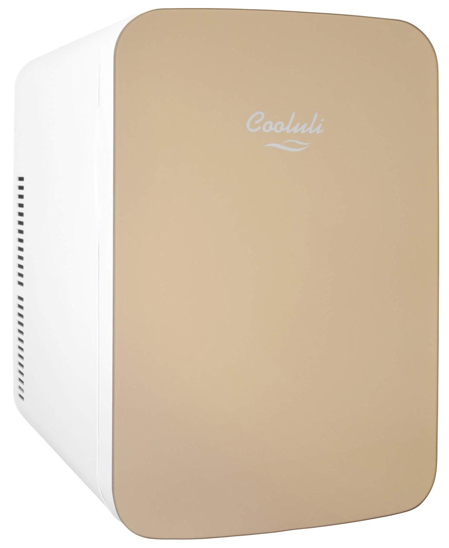 Cooluli 15L Mini Fridge for Bedroom - Car, Office Desk & College Dorm Room - 12v Portable Cooler & Warmer for Food, Drinks, Skincare, Beauty & Makeup - AC/DC Small Refrigerator with Glass Front, Gold,15 Liter