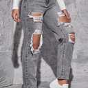 Women's High Waist Straight Leg Ripped Jeans Distressed Denim Pants (Black, XL)