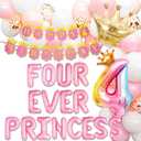 Four Ever a Princess Birthday Decorations Pink Gold Princess Castles Balloon Garland Crown Number 4 Foil Balloons Banner for 4 Years Old Birthday Party Decor Supplies