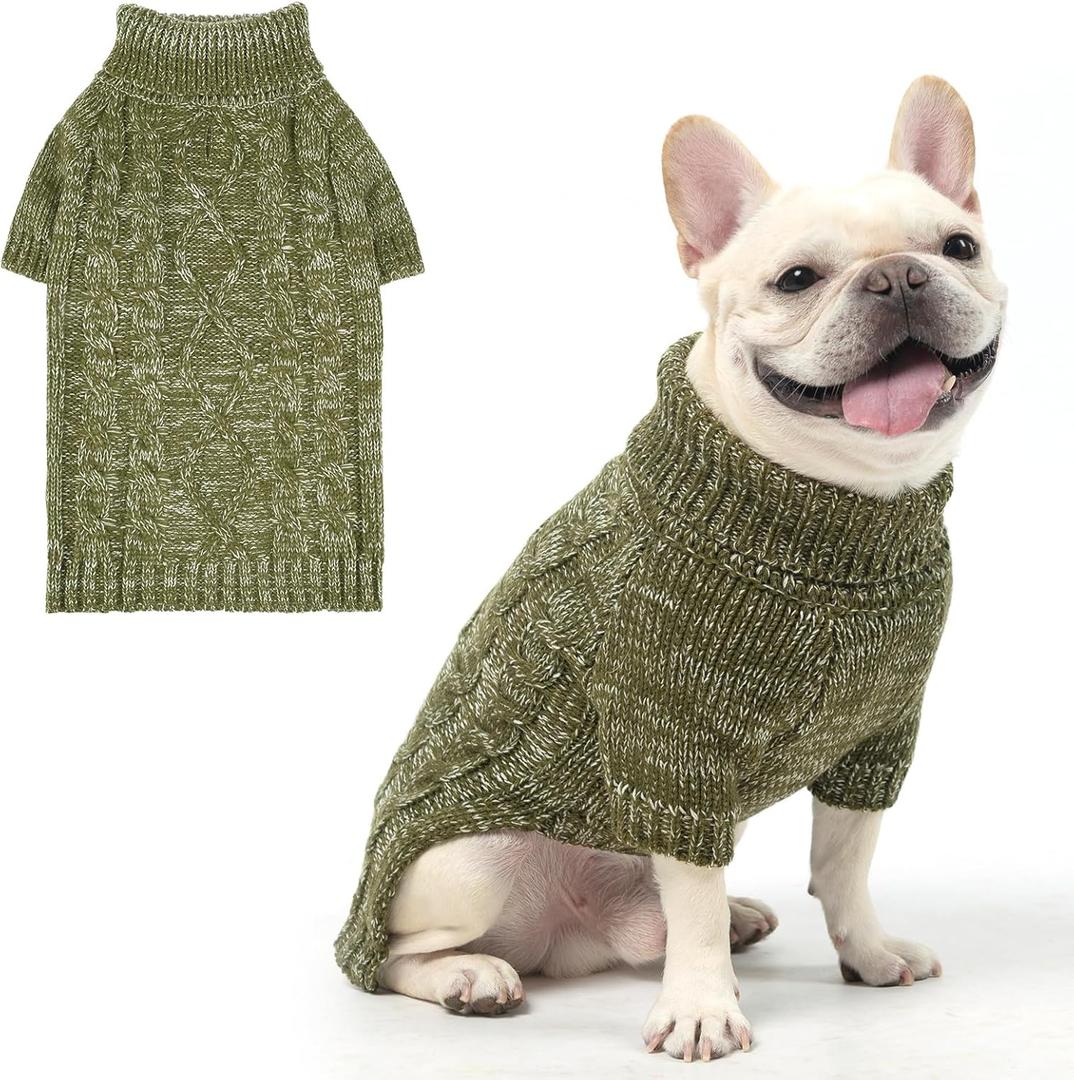 KOOLTAIL Thermal Knitted Dog Sweater for Small Medium Large Dogs, Turtleneck Cable Knit Doggy Winter Coat Warm Clothes Sweatshirt Outfits for Cold Weather, Pullover Pet Jumper for Puppy Cats Green, Medium
