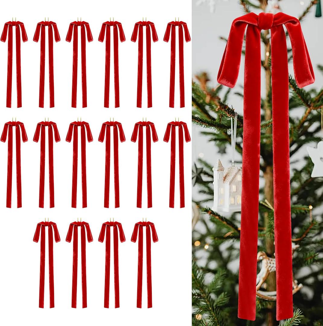 16 Pieces Christmas Velvet Bows 12 x 20 Inch Vintage Large Velvet Ribbon Bows Rustic Christmas Tree Ornaments for Xmas Home Wreath Garland Gift Wrapping Decorations(Red, Width of 1")