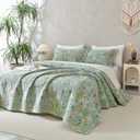 Sanracie Oversized King Bedspread(120"x120"),100% Cotton Green Floral Quilt Set 3Pcs Soft Lightweight Flower Bird Butterfly Print Botanical Oversized King Quilt Bedding Coverlet for All Seasons