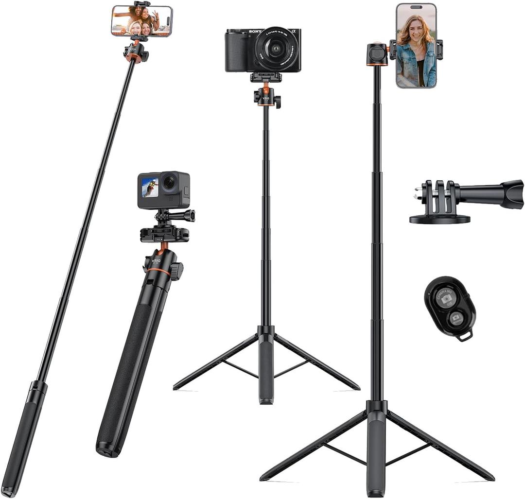 VRIG TP16 Camera Tripod, 55 inch Extendable Phone Selfie Stick Camera Tripod Stand with 2 in 1 Phone Clip, 5 Levels Adjustment 360° Ball Head Loads Up for Pocket 3 Insta360 X5 iPhone Sony Canon