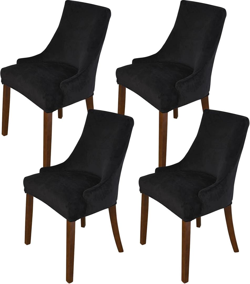 MIFXIN Velvet Wingback Chair Cover Slipcover Stretch Washable Sloping Armchair Dining Chair Protector Seat Cover for Dining Room Banquet Home Decor (4 Pack, Black)
