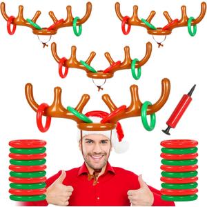 4 Set Inflatable Reindeer Antler Ring Toss Game for Xmas Party, 2025 Christmas Antler Hat Ring Toss Game for Kids Adults, Family Indoor Outdoor Reindeer Toss Game (4 Antlers 16 Rings 1 Pump)