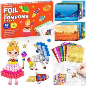 PARTYWIND Foil Pom Poms Art for Kids - Unicorns Princesses Ocean DIY Creative Craft Kits, Travel Toys, Party Favors, School Supplies, Birthday Gifts for Girls Boys Ages 4, 5, 6, 7, 8, 9, 10, 11, 12