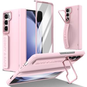 THMEIRA Wrist Strap for Samsung Galaxy Z Fold 5 Case Built-in Screen Protector Hinge Protection Camera Kickstand, Wristband Design Full Body Shockproof Protective Cover, Pink