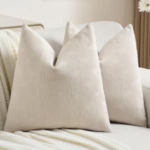 FUTEI Pack of 2 Chenille Decorative Throw Pillow Covers 20x20 Inch,Soft Cozy Striped Geometric Patterns Cushion Case,Modern Home Decor for Couch Bed Living Room,Beige