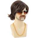 Bettecos 70s 80s Costume Wigs for Men with Mustache Glasses and Chain Short Brown Shaggy Disco Wig for Rocker Singer Hippie Retro Cosplay Halloween Party