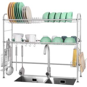 Over The Sink Dish Drying Rack 2 Tier, 304 Stainess Steel Over Sink Shelf for Kitchen Couter, Kitchen Shelf Orgnaizer with Utensil Holder Hooks (Silver)