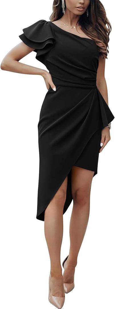 BTFBM One Shoulder Cocktail Dresses for Women 2026 Elegant Summer Ruffle Sleeve Wrap Ruched Formal Wedding Guest Dress (Black, M)