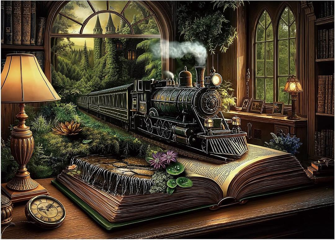 Train Fantasy Forest Puzzle 1000 Pieces for Adults, Magic Book Vintage Castle Jigsaw Puzzles, Nature Plant Tree Bookshelf Puzzles